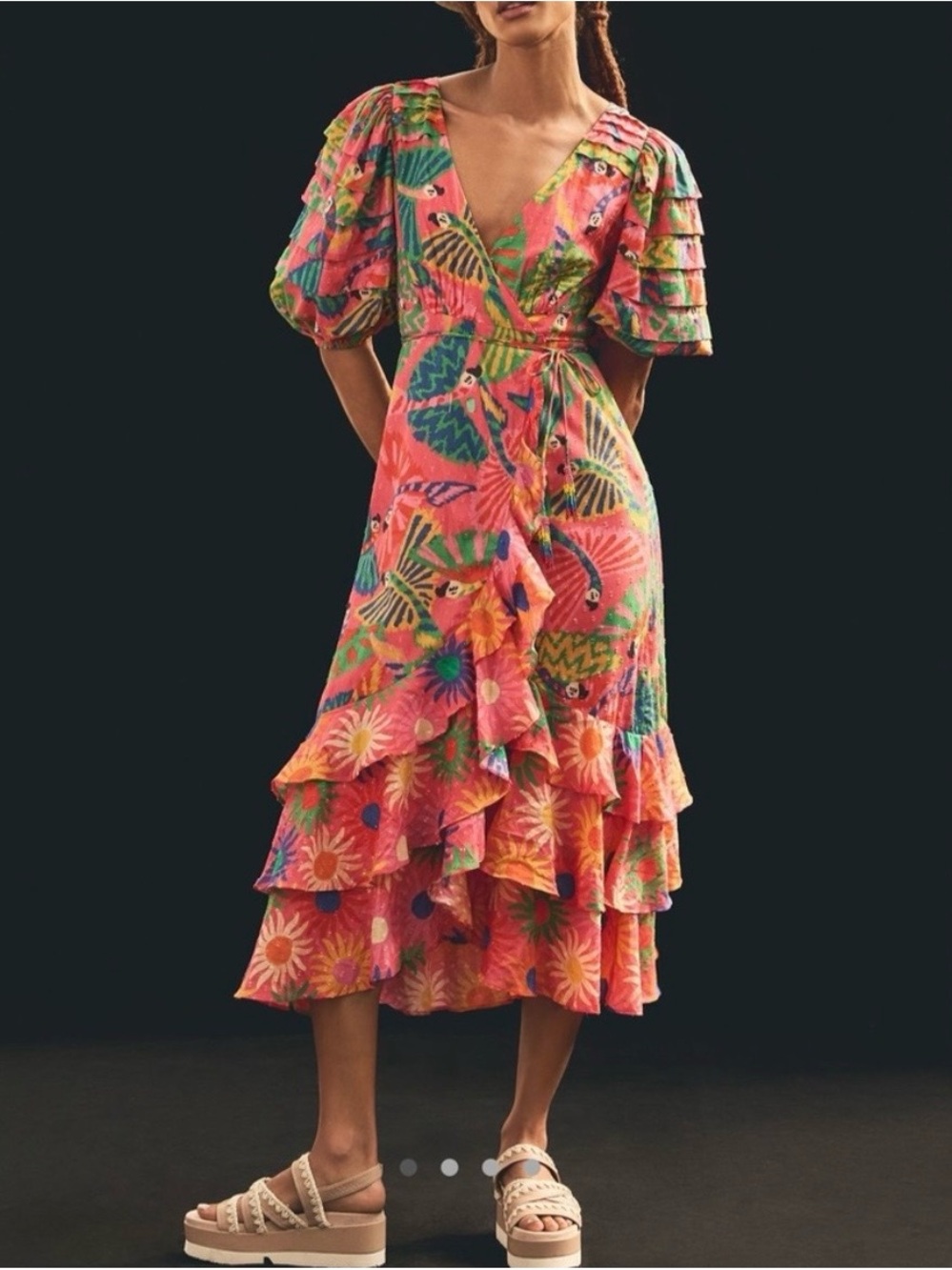 FARM Rio Pink Coral Macaws Puff Sleeve Tiered Hem Midi Cotton Wrap Dress XS